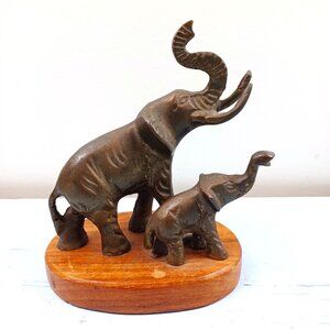 Brass Elephant And Calf Figurine Set On Wooden Base